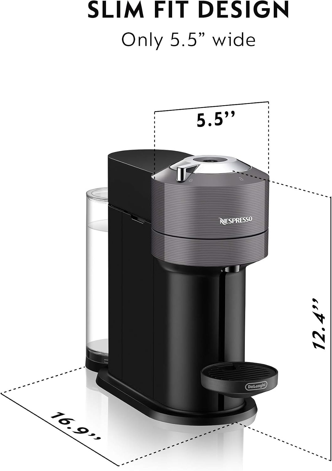 Nespresso Vertuo Next Coffee & Espresso Machine compatible with De'Longhi, Dark Grey w/Aeroccino Milk Frother, One Touch Brew, Single-Serve Coffee & Espresso Maker (Renewed)