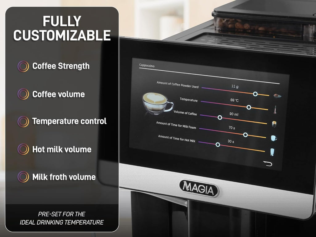 Zulay Magia Super Automatic Espresso Maker Machine with Grinder - 19 Fully Customizable Coffee Options, Auto Cleaning, Milk Foam System - for Latte, Cappuccino- Prime - Silver (13.8x18x9.4)