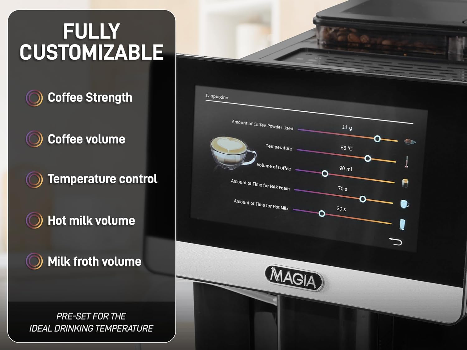 Zulay Magia Super Automatic Espresso Maker Machine with Grinder - 19 Fully Customizable Coffee Options, Auto Cleaning, Milk Foam System - for Latte, Cappuccino- Prime - Silver (13.8x18x9.4)