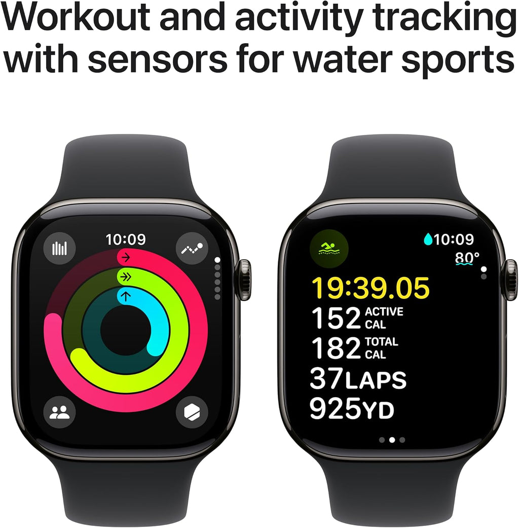 Apple Watch Series 10 [GPS + Cellular 46mm case] Smartwatch with Slate Titanium Case with Black Sport Band - S/M. Fitness Tracker, ECG App, Always-On Retina Display, Water Resistant