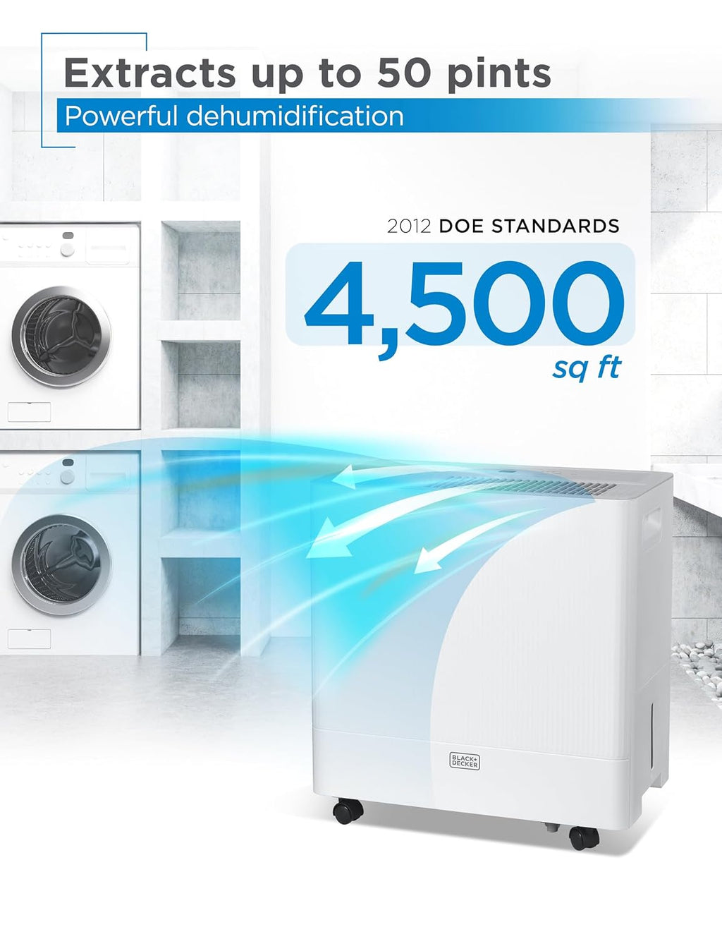 BLACK+DECKER 50-Pint Portable Dehumidifier with Built-in Pump, Dehumidifier with Pump for up to 4500 Sq. Ft., For Home and Large Spaces, Removable Bucket and Drain Hoses Included, BD50PMWSA, White