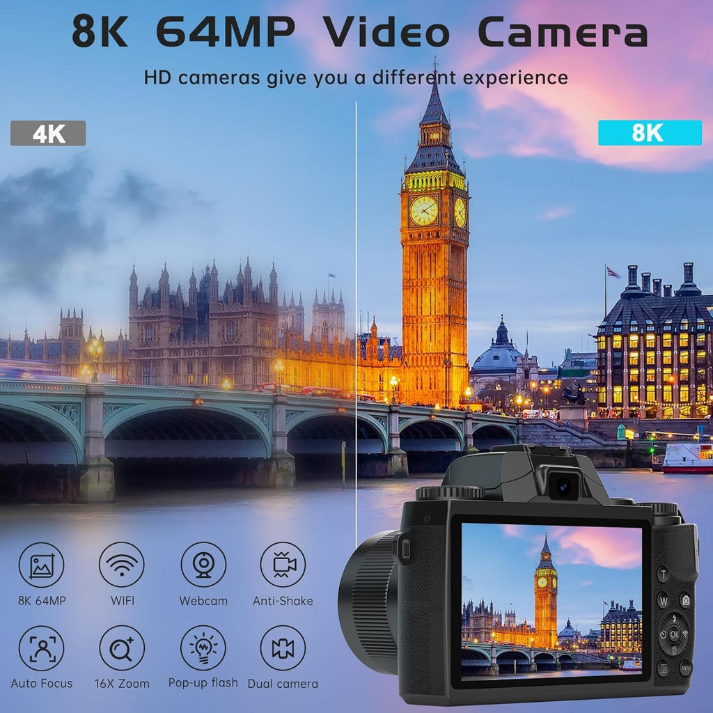 8K Digital Camera for Photography, WiFi & 4' Touch Screen Vlogging Camera for YouTube with Dual-Lens, 64MP Vlog Cameras 16X Digital Zoom with 32GB TF Card, 3000mAh Battery, Lens Hood, Black