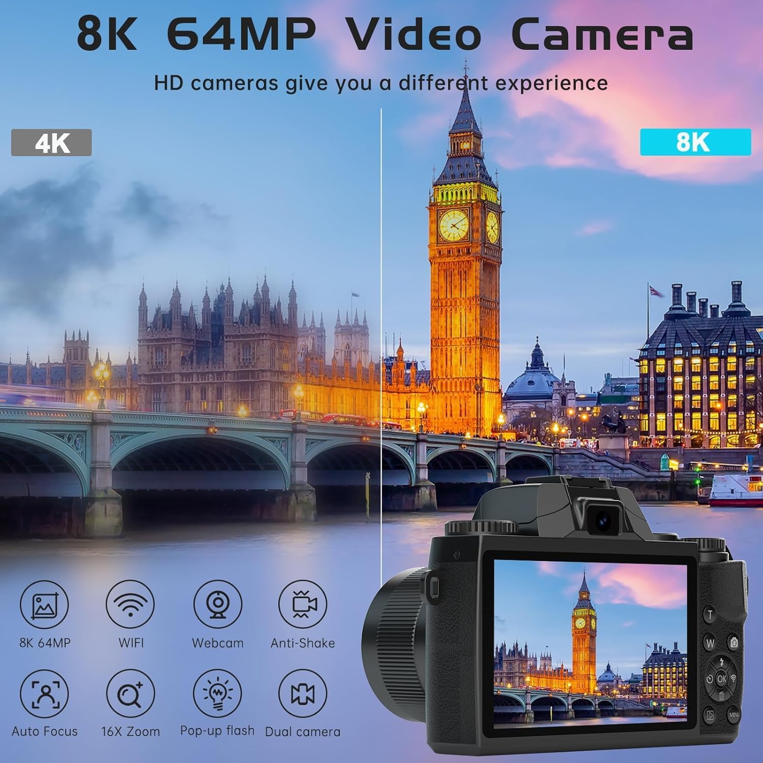 8K Digital Camera for Photography, WiFi & 4' Touch Screen Vlogging Camera for YouTube with Dual-Lens, 64MP Vlog Cameras 16X Digital Zoom with 32GB TF Card, 3000mAh Battery, Lens Hood, Black