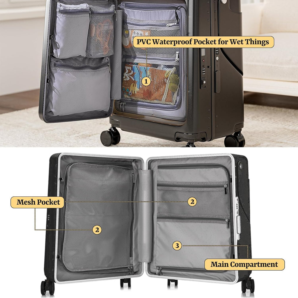 Hardshell Carry On Suitcase with Child Seat, Black Travel Luggage with Front Compartment & 4 Lockable Spinner Wheels, TSA Lock, USB Port, Luggage Cover, Safty Seatbelt (Front-Opening Black, 20 Inch)