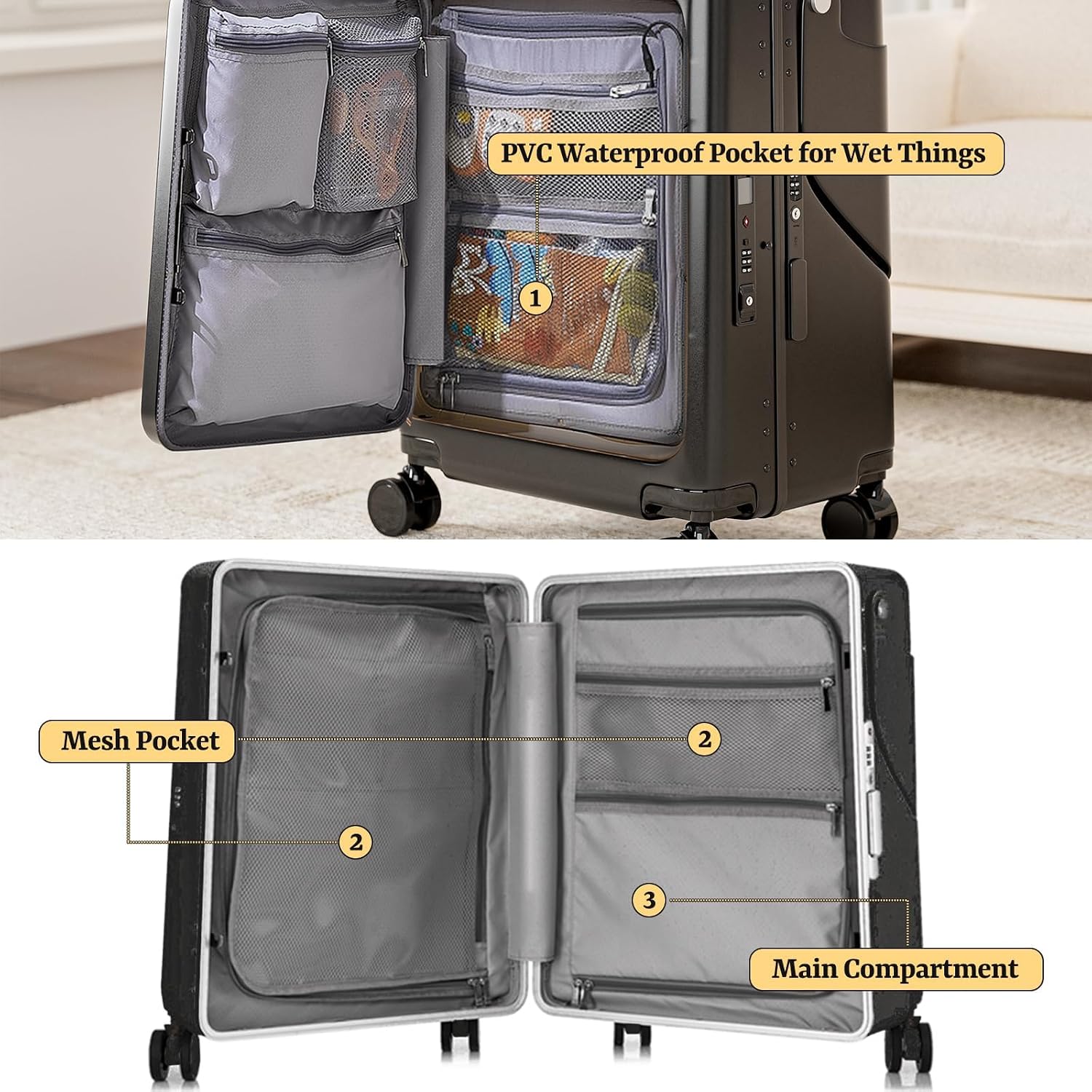 Hardshell Carry On Suitcase with Child Seat, Black Travel Luggage with Front Compartment & 4 Lockable Spinner Wheels, TSA Lock, USB Port, Luggage Cover, Safty Seatbelt (Front-Opening Black, 20 Inch)