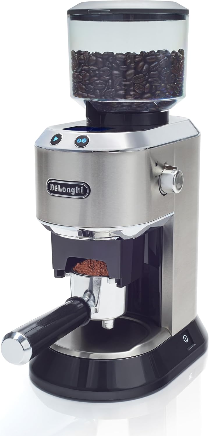 De'Longhi Dedica Conical Burr Grinder with Portafilter Attachment, 6.9 x 11.2 x 18.1 inches, Silver
