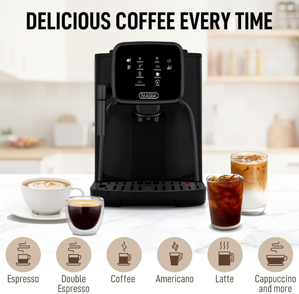 Zulay Kitchen Magia Clasica Automatic Espresso Machine with Built-In Grinder, Touch Panel Coffee Maker, Steam Wand Milk Frother, Adjustable Strength, Self-Cleaning, Black (13' x 17.7' x 9.4')