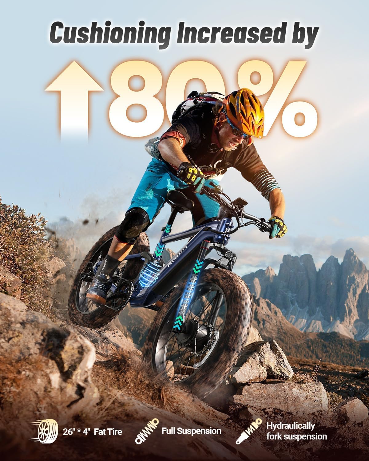 PUCKIPUPPY Dual Motor Electric Bike for Adults 1600W, 48V 20AH Battery with Torque Sensor, Full Suspension, 26' Fat Tire, 28MPH, 8 Speed Mountain Electric Bicycle, 80 Mile Range, Golden Retriever Pro