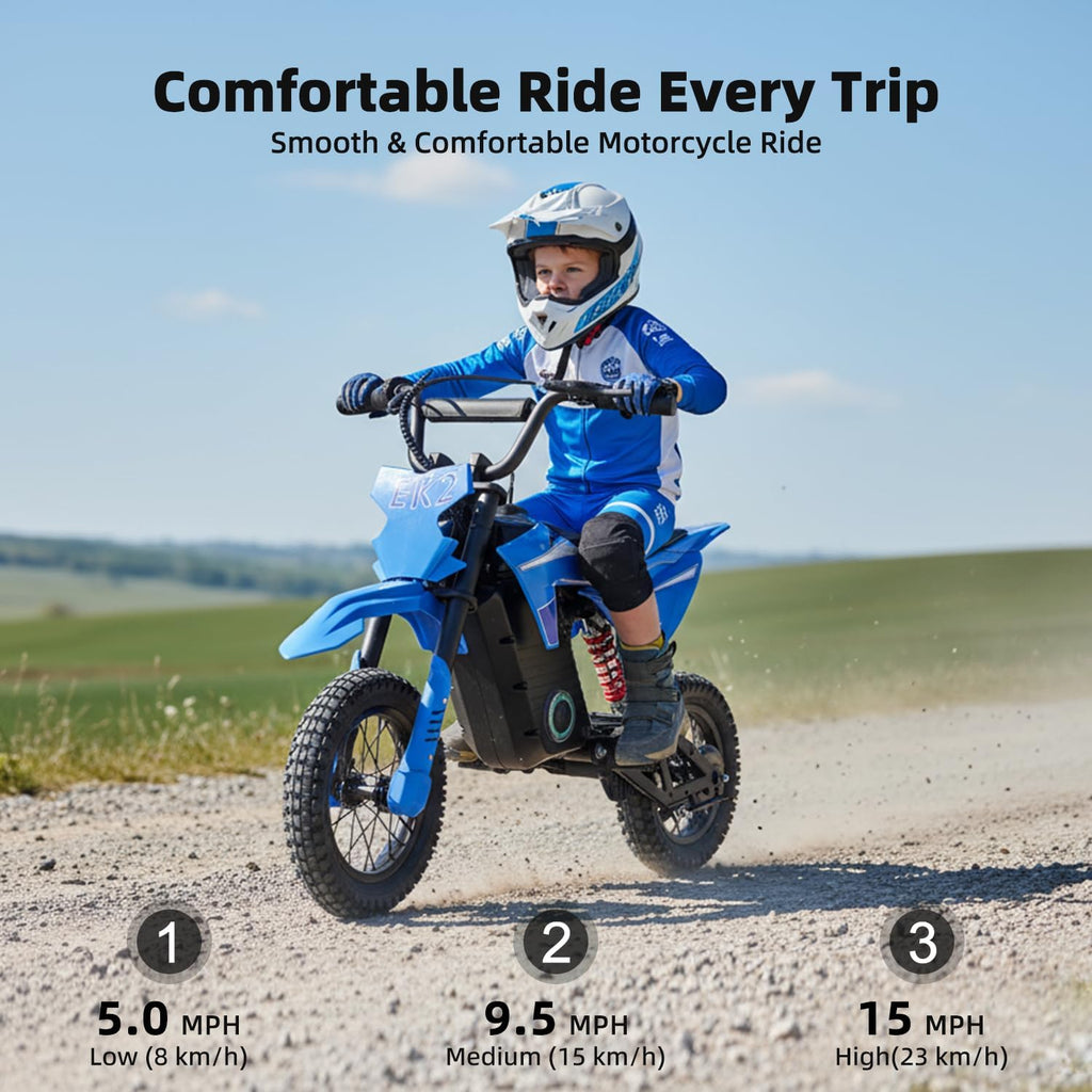 EK2 Kids Electric Dirt Bike, 350W Motor, 15 MPH Max Speed, 36V 5.2Ah Lithium Battery 12 Miles Max Range, Electric Motorcycle for Kids Aged 5-10, Blue