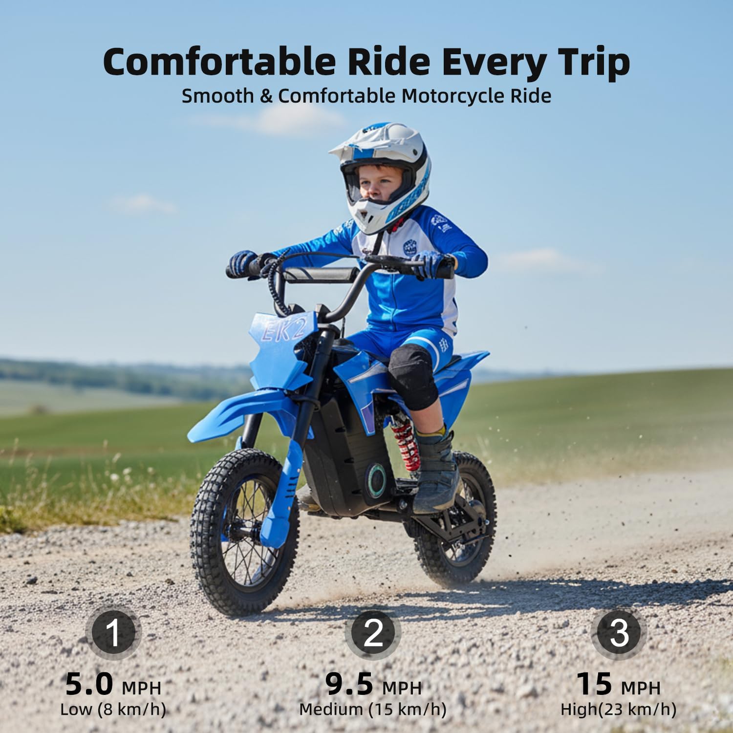 EK2 Kids Electric Dirt Bike, 350W Motor, 15 MPH Max Speed, 36V 5.2Ah Lithium Battery 12 Miles Max Range, Electric Motorcycle for Kids Aged 5-10, Blue