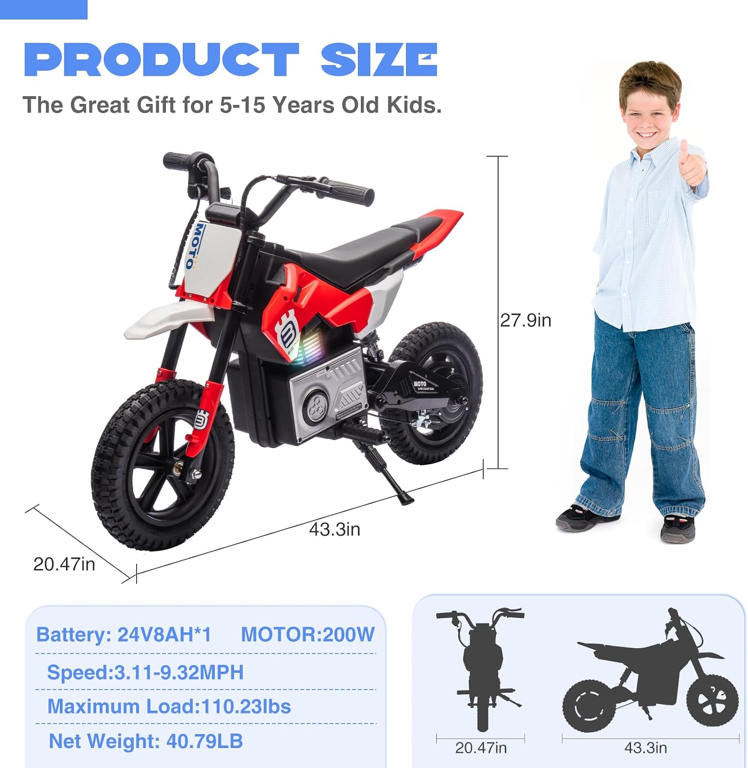 WEEROCK 24V Kids Electric Motorcycle 5+ Years Old, Child Ride On Electric Dirt Bike, Rear Shock Absorber, LED Breath Lamp, Bluetooth for Boys Girls Children Electria Toy Gift, Red
