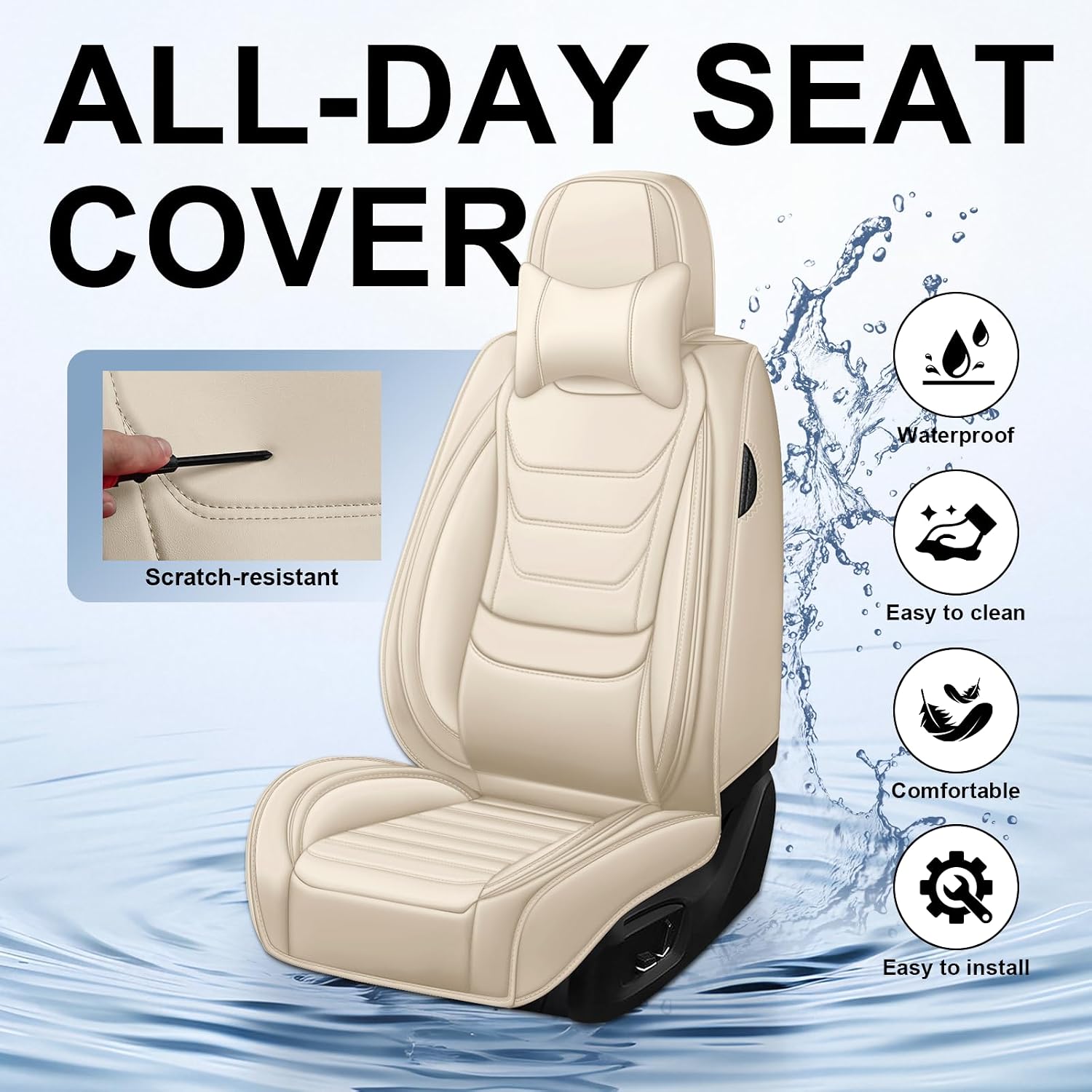DHAEY Car Seat Covers for Buick Encore GX 2020-2026, Family Seat Covers, Nappa Leather, Wear-Resistant, Anti-Slip, Waterproof, 5PCS Full Set with Pillows, Beige