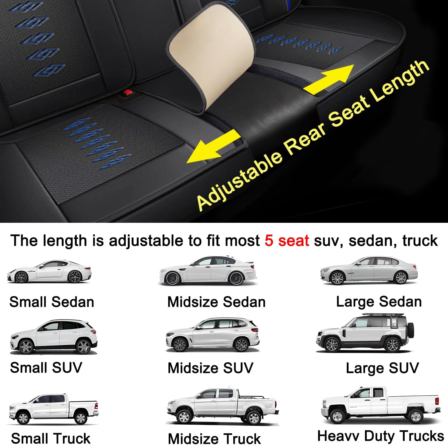 Car Seat Covers 5 Seats Fit for Mitsubishi Montero 1999-2005,Waterproof Leather Seat Covers,Airbag Compatible,Car Seat Protectors Interior Sets(Full Set,Black&Blue)