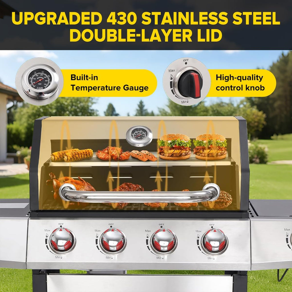 CIG GARDEN Dual Fuel Grill Combo, Propane & Charcoal BBQ with 52,000 BTU, 2 Side Shelves, Cast Iron Grid & Griddle Plate, Outdoor Grill for Patio, Backyard, Garden, Silver & Black