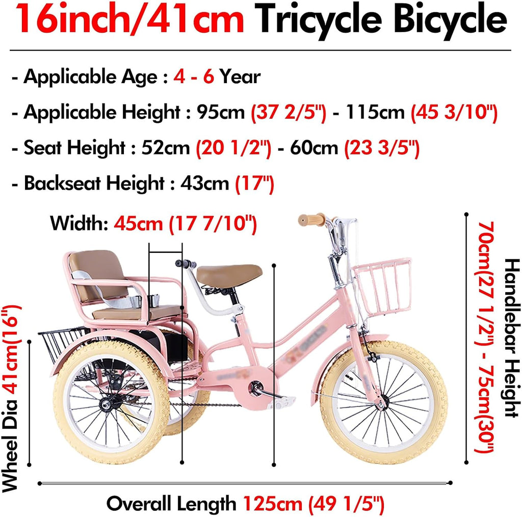 SRNSAEB Pink Gray Green Yellow 3-Wheel Bikes Carrying Passengers, Three Wheel Cruiser Bike Two-Seater Children Tricycle, Double Twins Toy Bicycle with Adjustable Height Seats & Handle(Pink,16in)