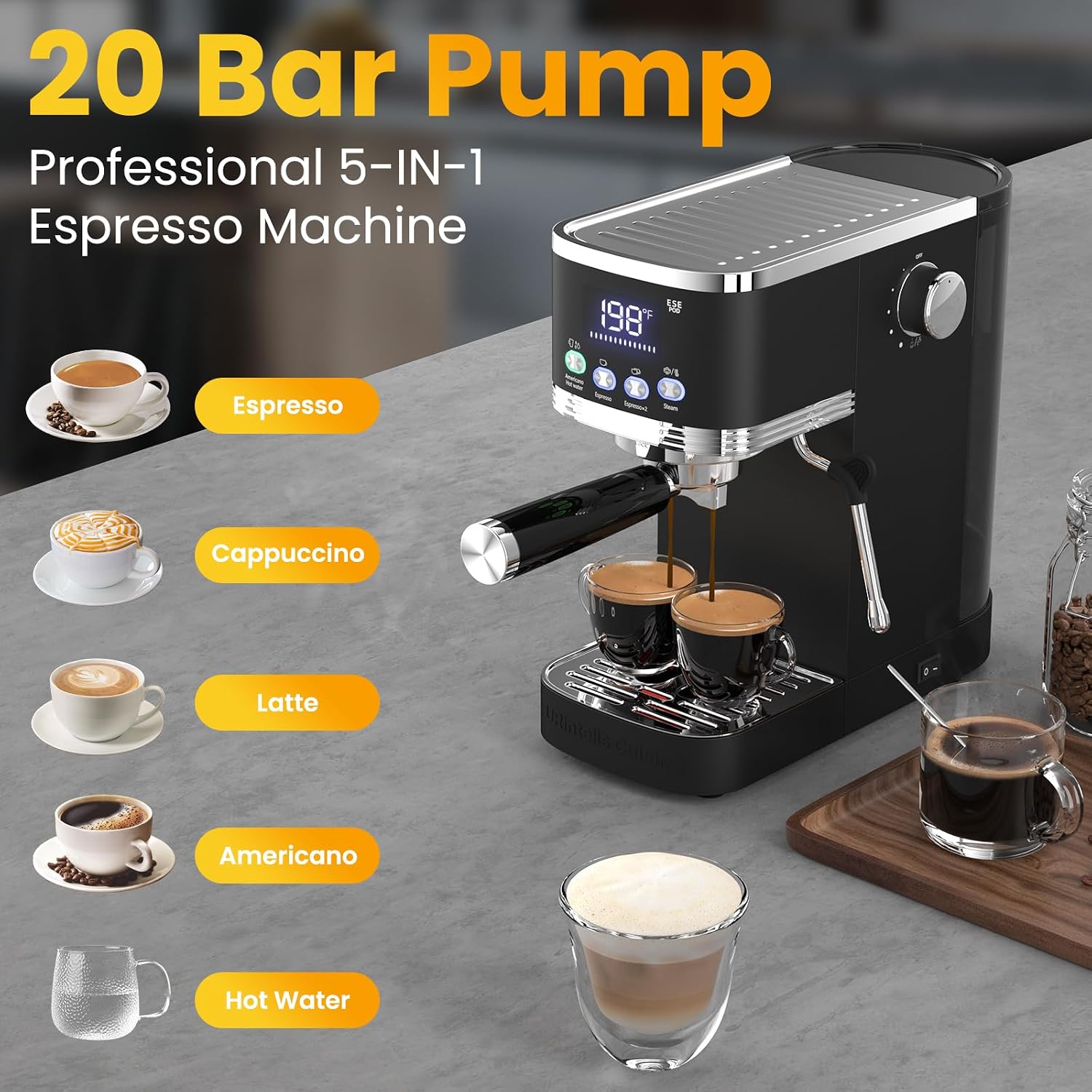 Espresso Machine 20 Bar Temperature Time LED Display Espresso Maker with Adjustable Extraction Temperature Stainless Steel Coffee Machine with Powerful Steam Wand for Cappuccino Latte,Black