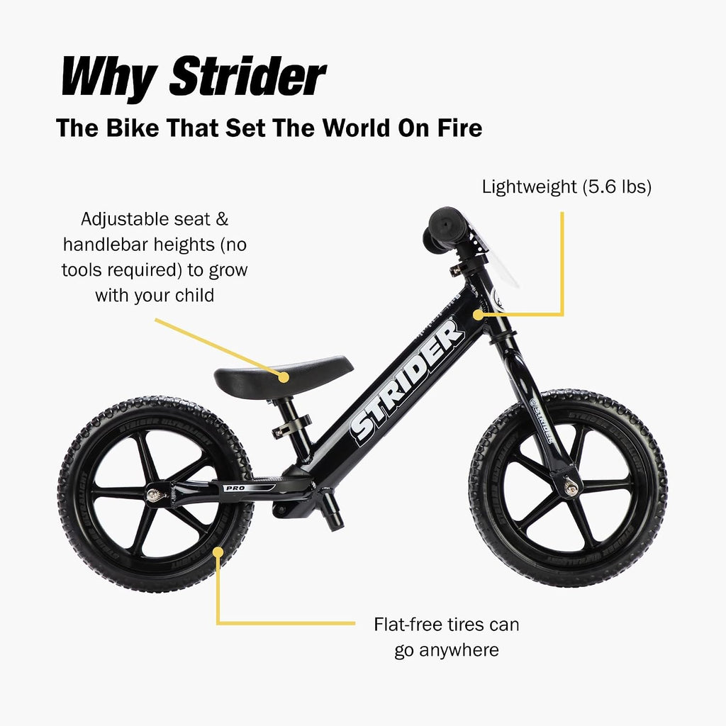 Strider 12' Pro Bike, No Pedal Balance Bicycle for Kids 1 to 4 Years - Includes Safety Pad, Padded Seat, Mini Grips & Flat-Free Tires - Tool Free