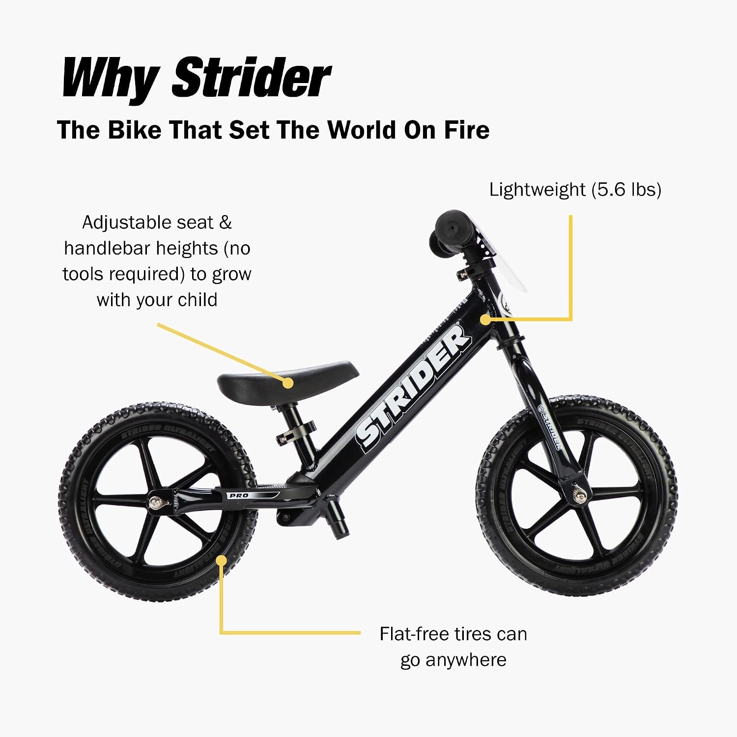 Strider 12' Pro Bike, No Pedal Balance Bicycle for Kids 1 to 4 Years - Includes Safety Pad, Padded Seat, Mini Grips & Flat-Free Tires - Tool Free