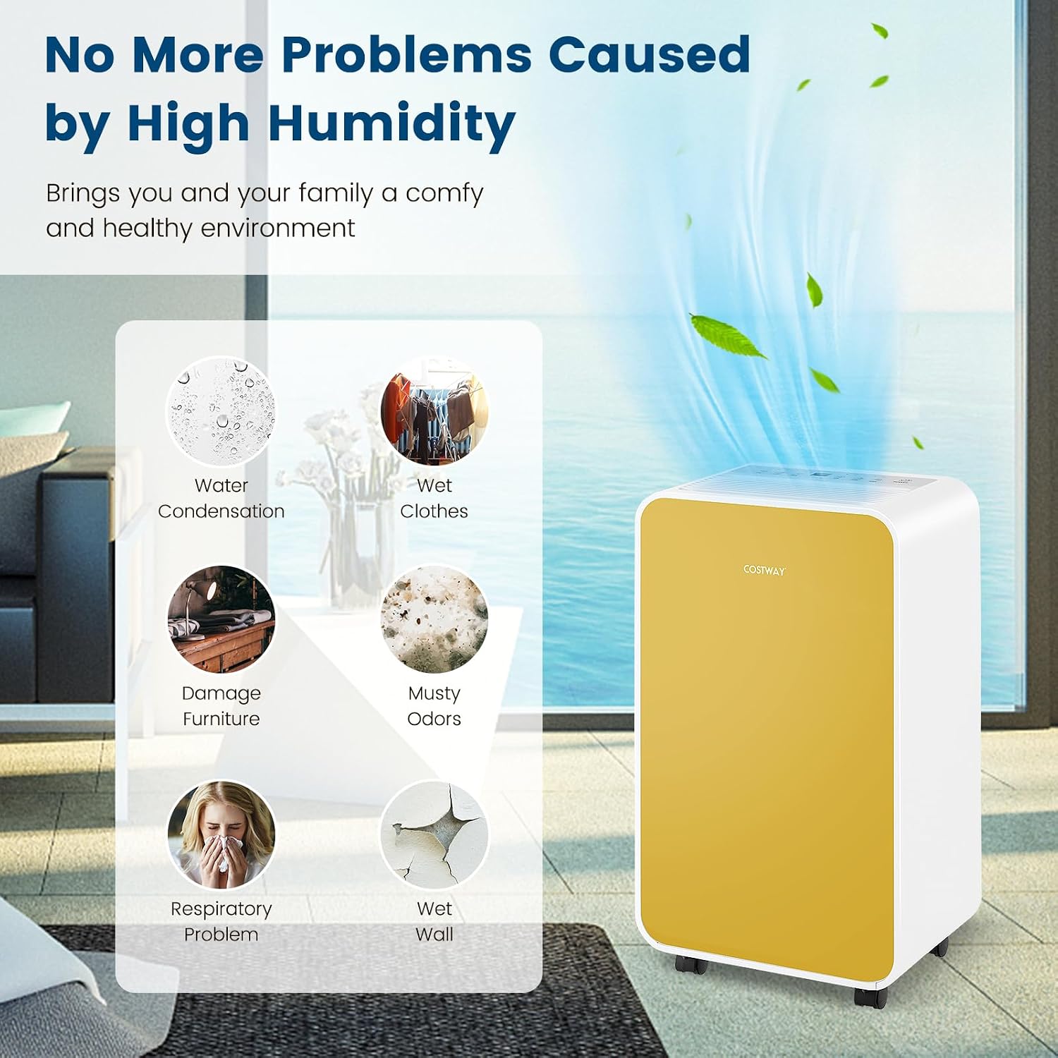 COSTWAY 2500 Sq. Ft Dehumidifier for Basement, 32 Pints Portable Quiet Dehumidifier for Bedroom Bathroom with Sleep Mode, 24H Timer, Auto Shut Off, Auto Defrost & Drain Hose (Yellow)