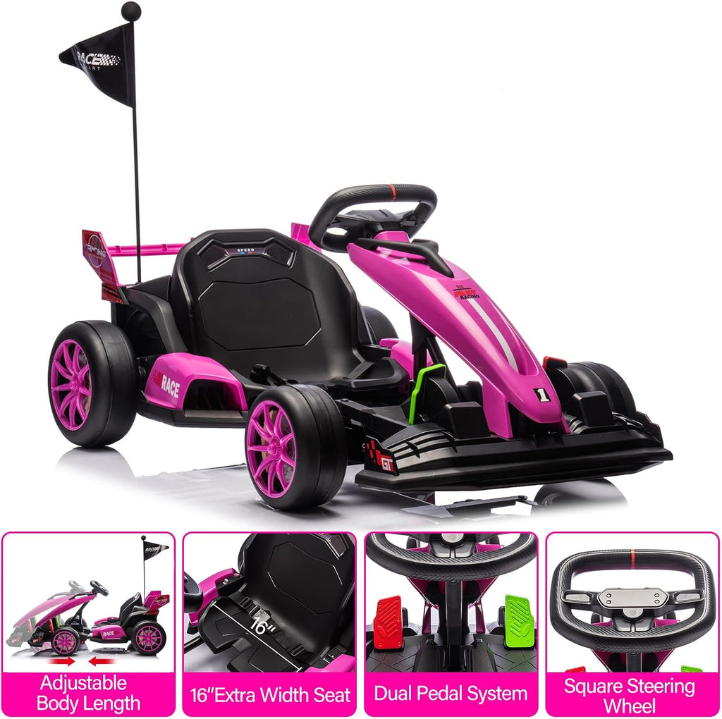 GarveeLife 24V Kids Ride on Go Kart, 7.5 mph Variable High Speed Drifting Car, 7ah Battery 200W*2 Motors,Adjustable Legroom for Kids Grows, Max Load 135 LBS, Power Display Racing Toy for 6+,Pink