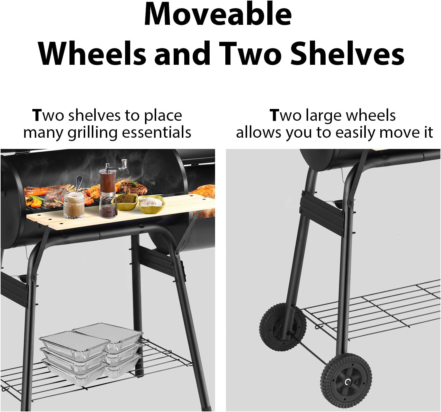 Giantex BBQ Charcoal Grill with Offset Smoker, Thermometer and Adjustable Damper, Meat Cooker Smoker for Backyard Family Gathering and Outdoor Picnic, 2 Moveable Wheels, 2 Shelves and Wooden Handles