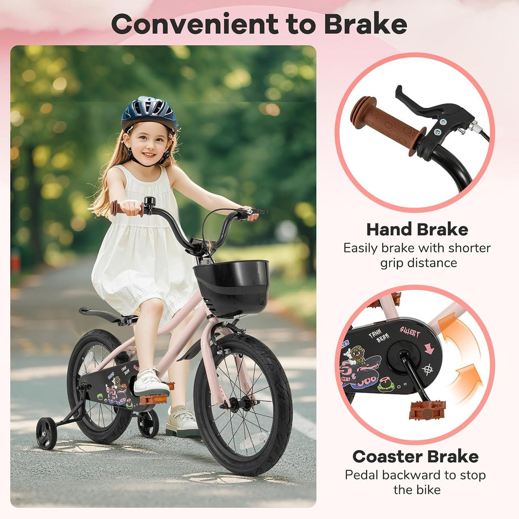 BABY JOY Kids Bike, 12' 14' 16' 18' Tank Bear DIY Children's Bicycle with Training Wheels, Storage Basket, Adjustable Handlebar & Seat, Handbrake & Coaster Brake, Girls Boys Bike