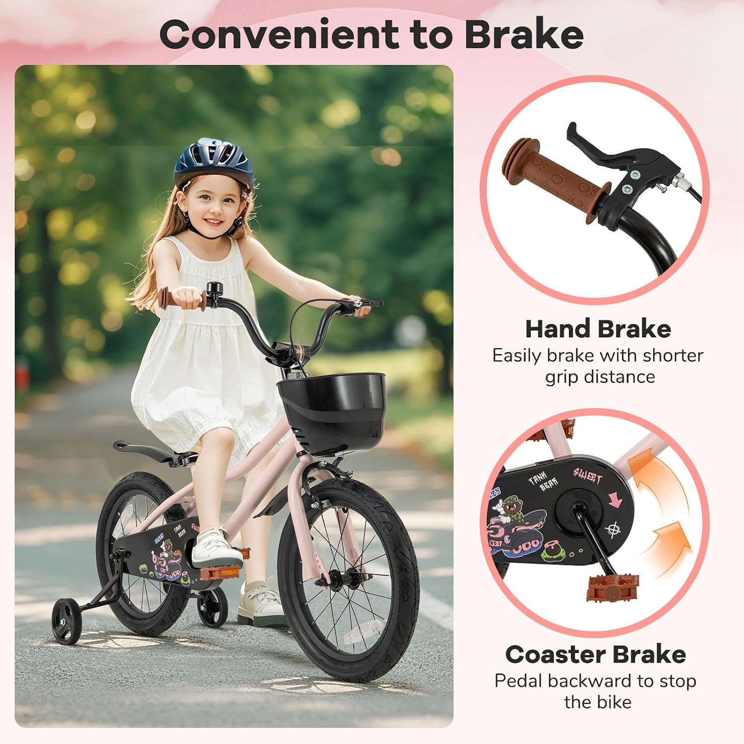 BABY JOY Kids Bike, 12' 14' 16' 18' Tank Bear DIY Children's Bicycle with Training Wheels, Storage Basket, Adjustable Handlebar & Seat, Handbrake & Coaster Brake, Girls Boys Bike