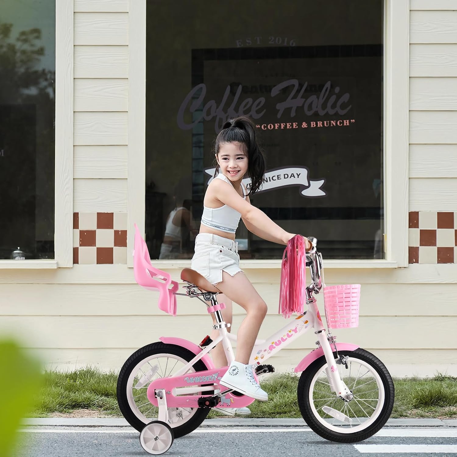 RULLY 14 Inch Unicorn Kids Bike for 3 4 5 Years Girls with Training Wheels & Front Handbrake, Kids Bicycle with Basket Toddler Bike, White