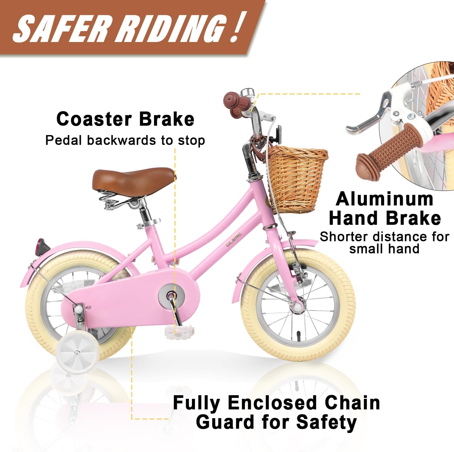 Glerc Little Molly 12-20 Inch Kids Retro Cruiser Bike for 2-13 Year Old with Wicker Basket & Training Wheels/Kickstand, Multiple Colors