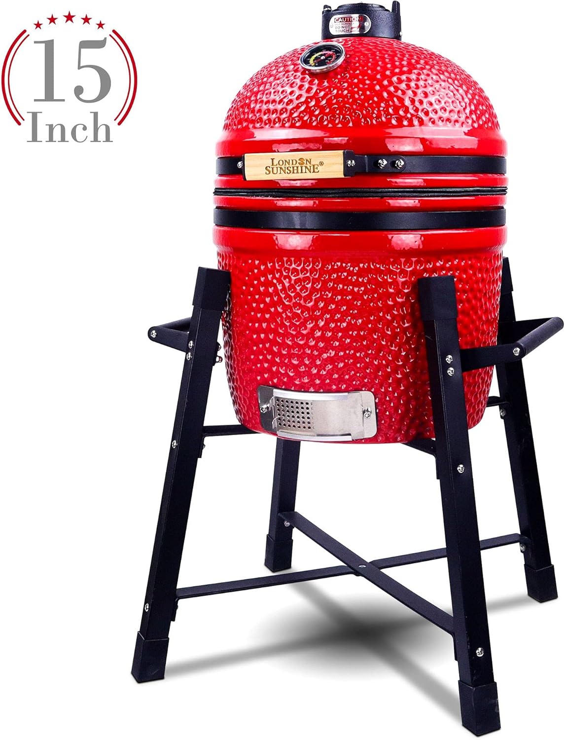 London Sunshine Ceramic Kamado Charcoal BBQ Grill and Smoker, Stainless Steel Grates -15' Ceramic with Tall Stand (RED)