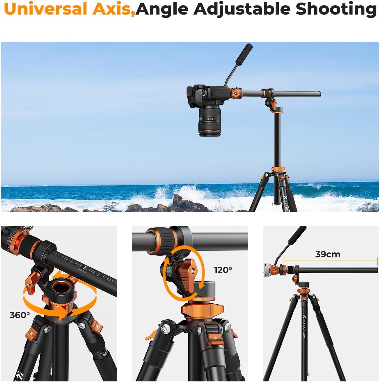 K&F CONCEPT 90''/230cm Overhead Camera Tripod, Horizontal Shooting Video Tripods with Fluid Head Heavy Duty, Detachable Monopod, for Indoor and Outdoor Use T254A7+FH-03
