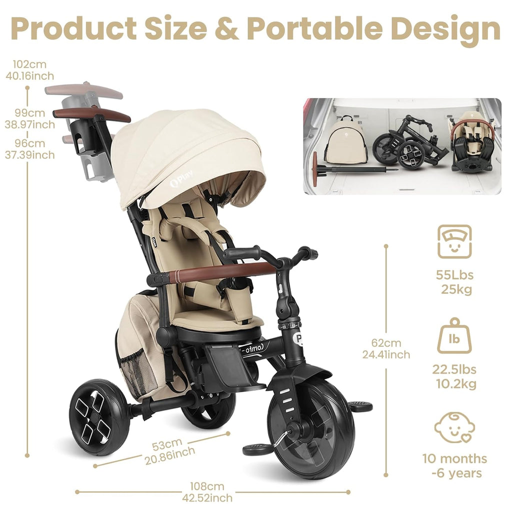 QPlay Toddler Bike Stroller for Baby 10 Months to 6 Years Old, 8-in-1 Foldable Stroller Bike for Toddlers 3-5 Boys & Girls Gifts Trike — Adjustable Handle, Triple Footrest, Canopy & Storage Bag