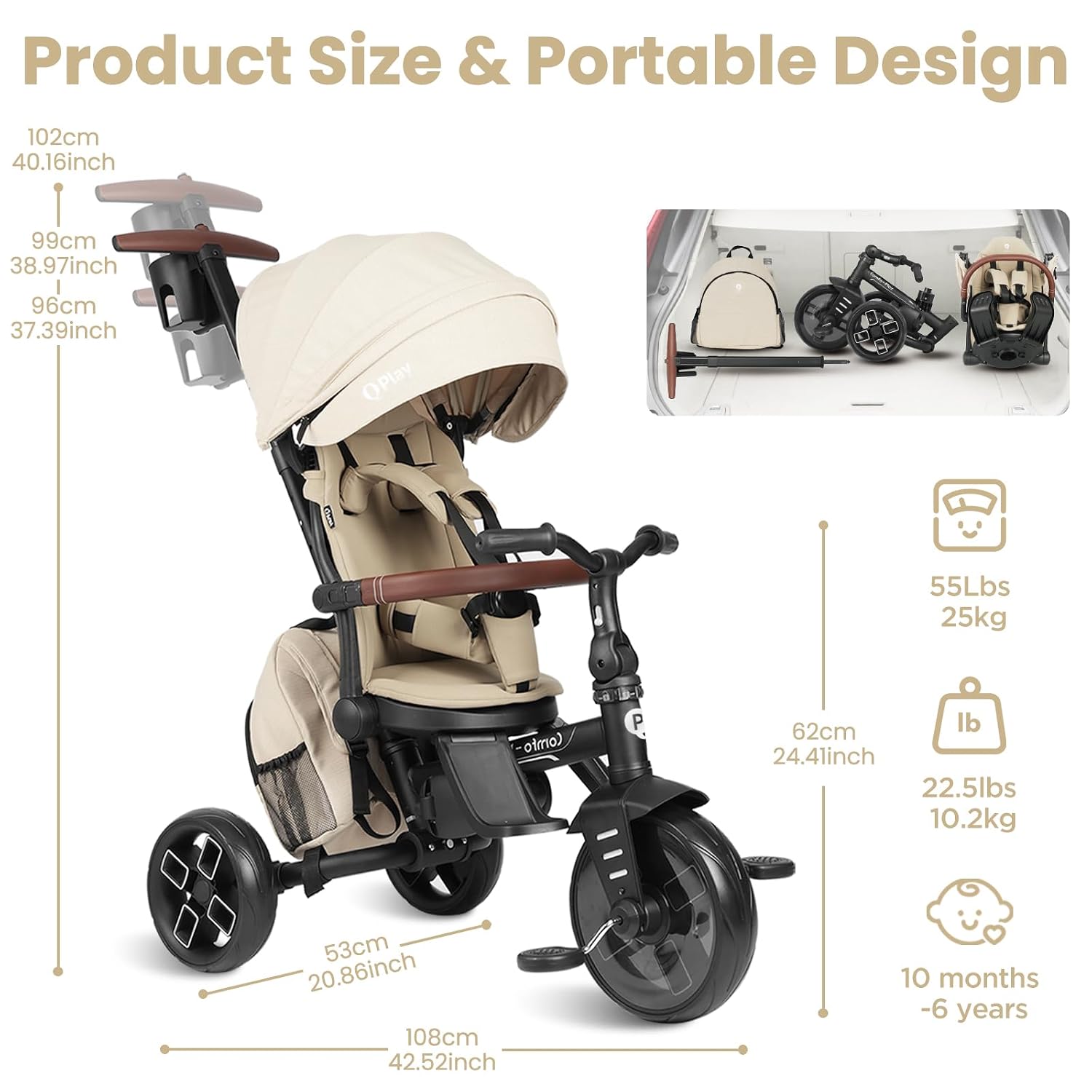 QPlay Toddler Bike Stroller for Baby 10 Months to 6 Years Old, 8-in-1 Foldable Stroller Bike for Toddlers 3-5 Boys & Girls Gifts Trike — Adjustable Handle, Triple Footrest, Canopy & Storage Bag