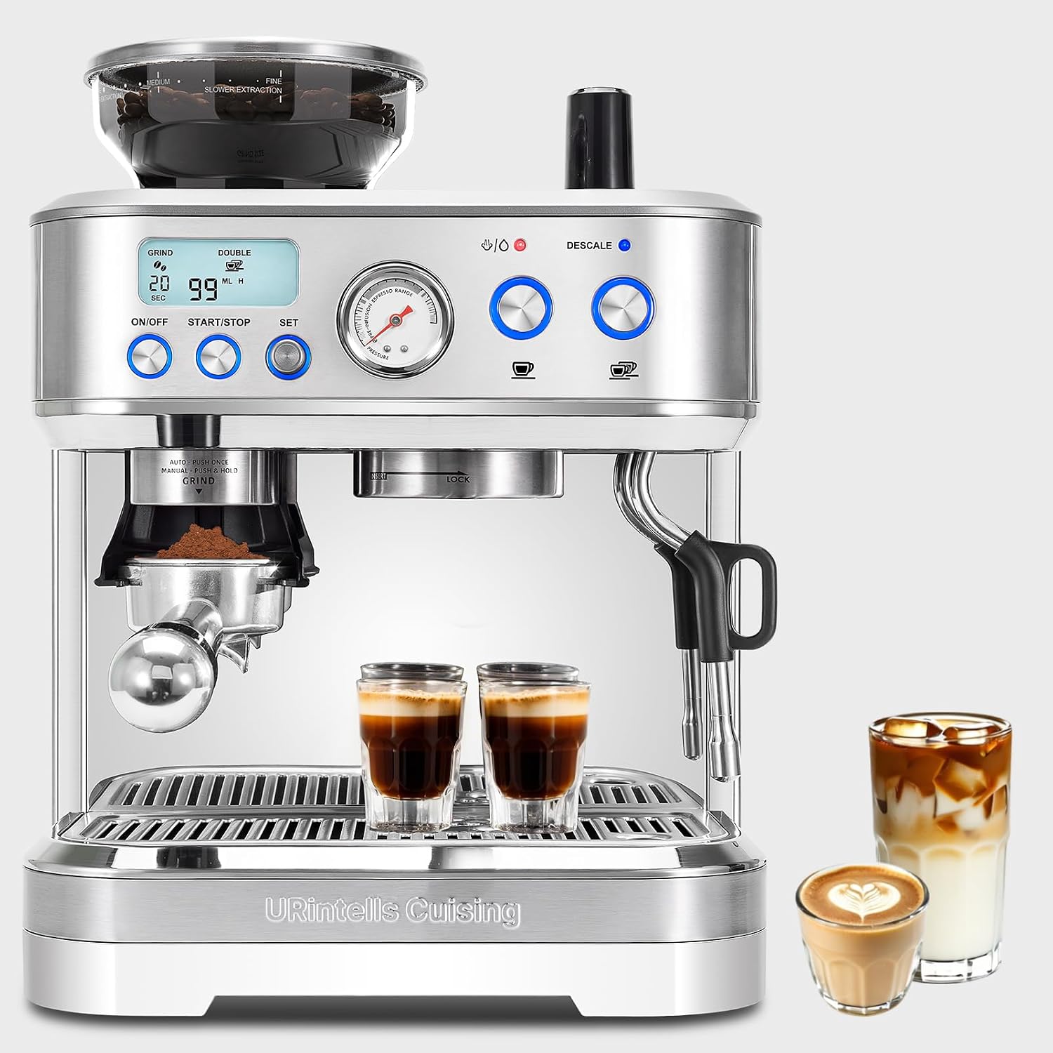 URintells Cuising Espresso Machine with Grinder, All-in-One Coffee Maker with PID Temperature Control & 15 Bar Italian ULKA Pump, Stainless Steel Barista Machine for Home Latte & Cappuccino