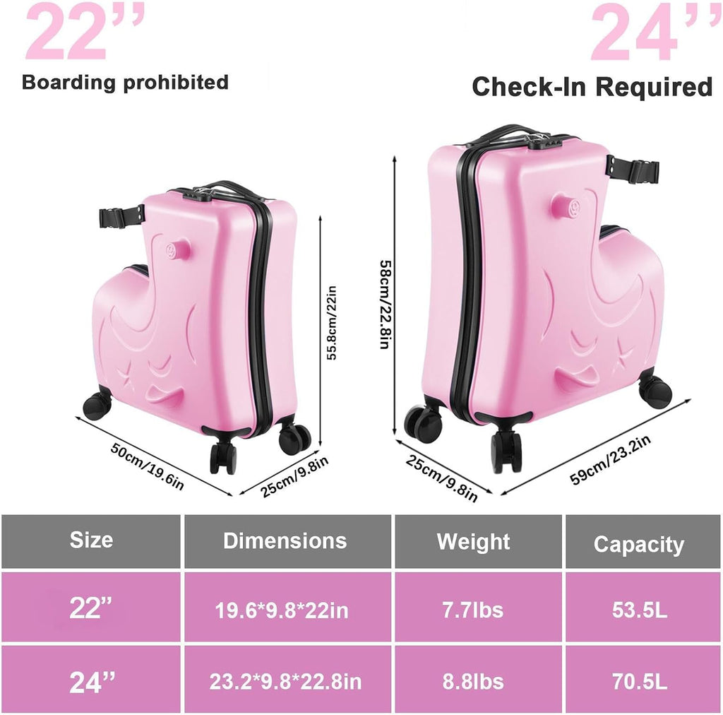 24 Inch Kids Ride On Travel Suitcase, Rolling Luggage with Wheels Carry Trolley Luggages with Password Lock, Children's Ride On Trolley for Children's Day Gift, Festival Gift (Pink)