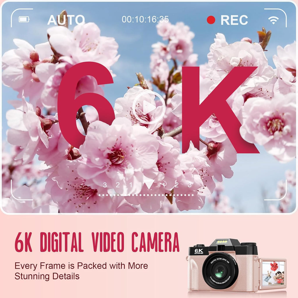 Yatao Digital Cameras for Photography and Vlogging, 6K 64MP Flip Screen, Dual Lens, Microphone for Video, 64GB TF Card, Compact Photo WiFi Camera for YouTube Kit Travel, Beginners (Pink)