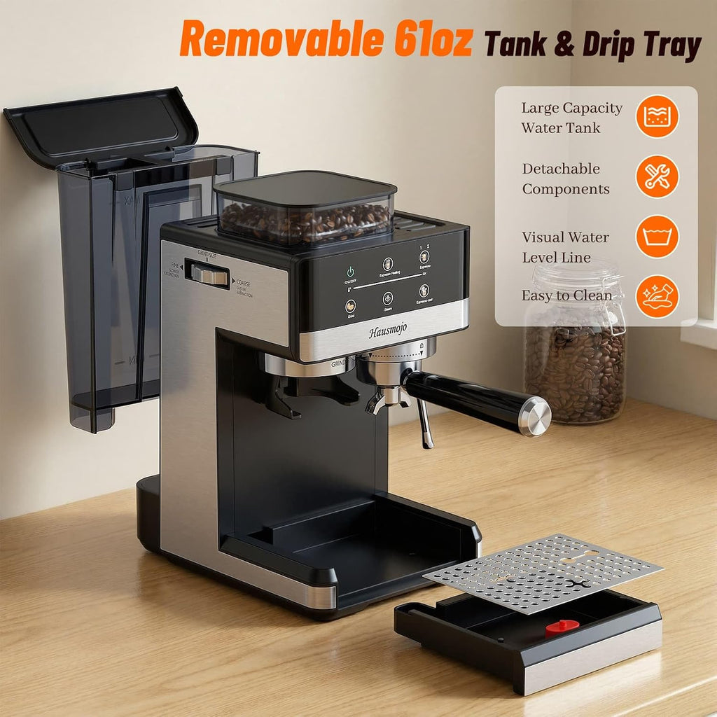 Espresso Machine with Grinder, 20Bar Expresso Coffee Machines with Milk Frother, Professional Compact Stainless Steel Coffee Maker for Espresso, Latte & Cappuccino, Perfect for Home Use
