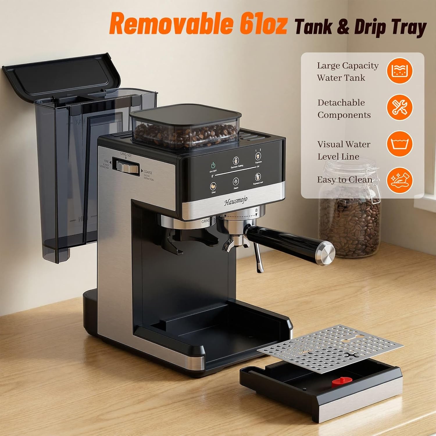 Espresso Machine with Grinder, 20Bar Expresso Coffee Machines with Milk Frother, Professional Compact Stainless Steel Coffee Maker for Espresso, Latte & Cappuccino, Perfect for Home Use
