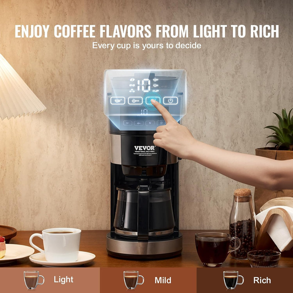 VEVOR Coffee Maker with Grinder, 10 Cup Coffee Machine, Grind and Brew Coffee Maker with 3 Brew Strength Control, Adjustable Grinding Coarseness, for Home Office Restaurant