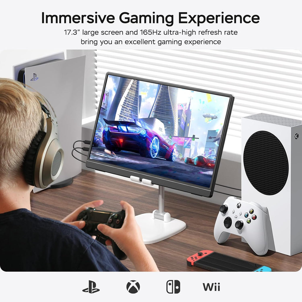 MNN 17.3' 2.5K Portable Monitor 165Hz 2560x1440 QHD, 100% sRGB IPS Gaming Monitor, USB-C & HDMI External Display with Kickstand, Slim Semi-Metal Travel Monitor for Laptop, Phone, PS5, Xbox