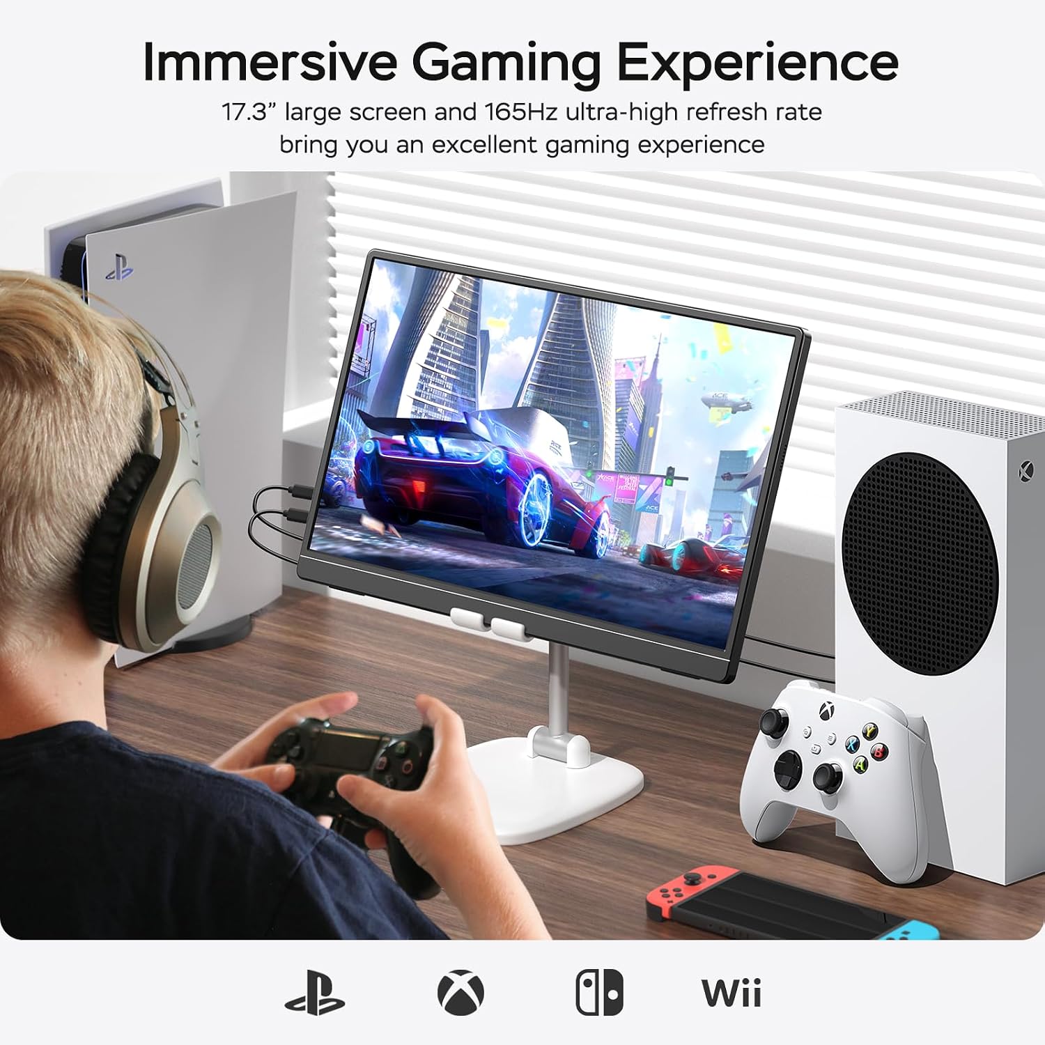 MNN 17.3' 2.5K Portable Monitor 165Hz 2560x1440 QHD, 100% sRGB IPS Gaming Monitor, USB-C & HDMI External Display with Kickstand, Slim Semi-Metal Travel Monitor for Laptop, Phone, PS5, Xbox