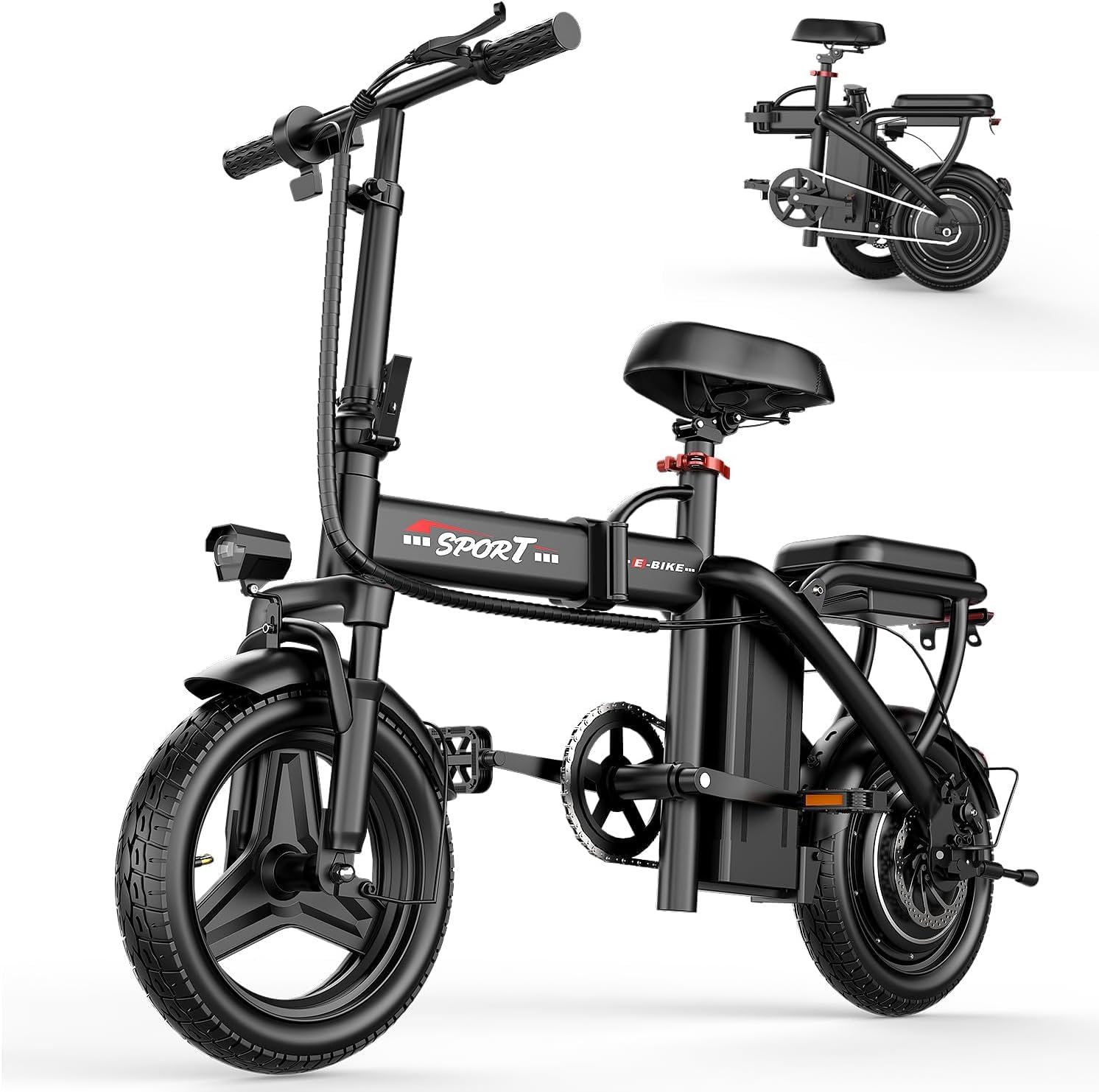 ASKGO Electric Bike for Adults Teens, 800/1200W Peak Folding Ebike, 22/25MPH & 30/45 Miles Range, Dual Suspension & Dual Brake, 3-Speed Modes, 14' Portable Electric Mini Bike, Commuting Ebike