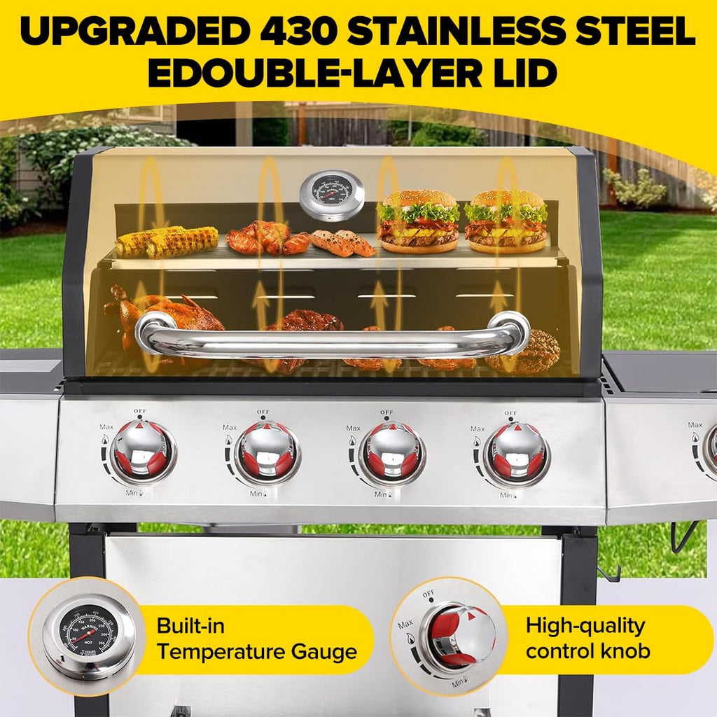 CIG GARDEN 4-Burner Gas & Charcoal Combo Grill with Side Burner - 3-in-1 Propane BBQ Grill, Griddle and Smoker | 52,000 BTU Stainless Steel Outdoor Grill for Backyard, Patio, Camping