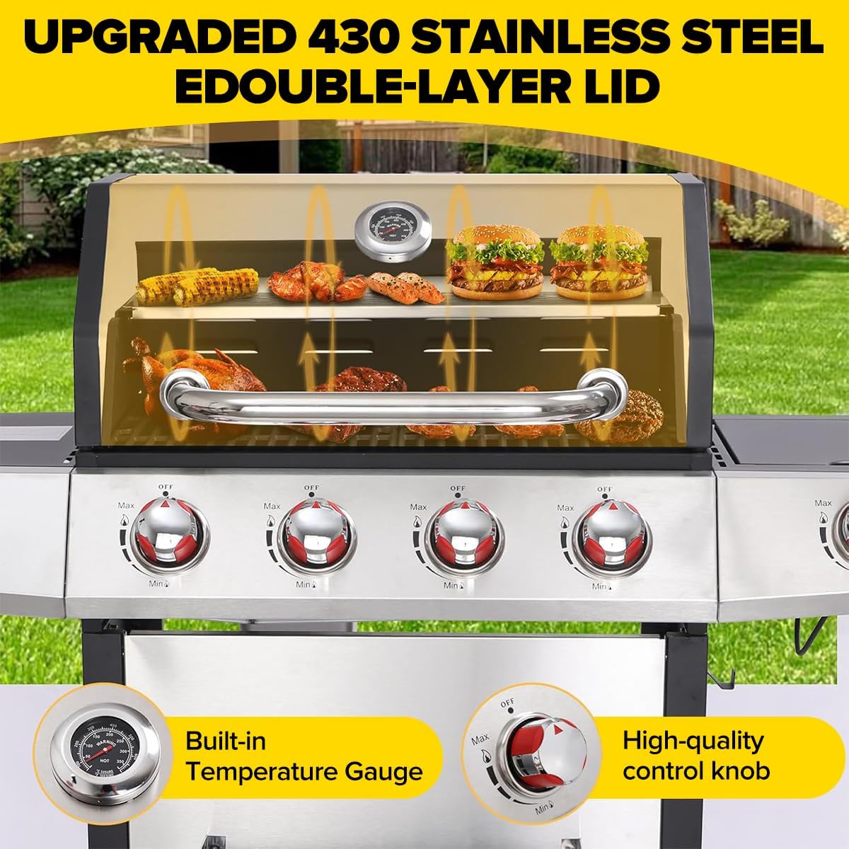 CIG GARDEN 4-Burner Gas & Charcoal Combo Grill with Side Burner - 3-in-1 Propane BBQ Grill, Griddle and Smoker | 52,000 BTU Stainless Steel Outdoor Grill for Backyard, Patio, Camping