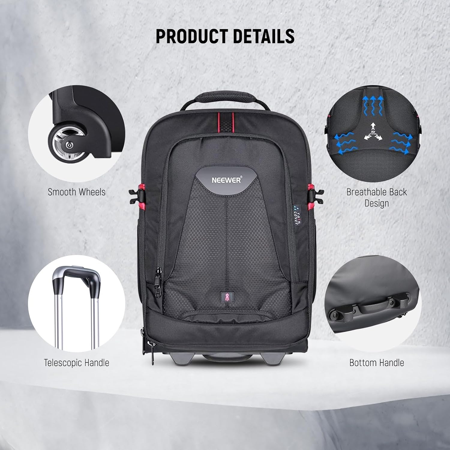 Neewer 2-in-1 Rolling Camera Backpack Trolley Case - Anti-Shock Detachable Padded Compartment, Hidden Pull Bar, Durable, Waterproof for Camera,Tripod,Flash Light,Lens,Laptop for Air Travelling(Black)