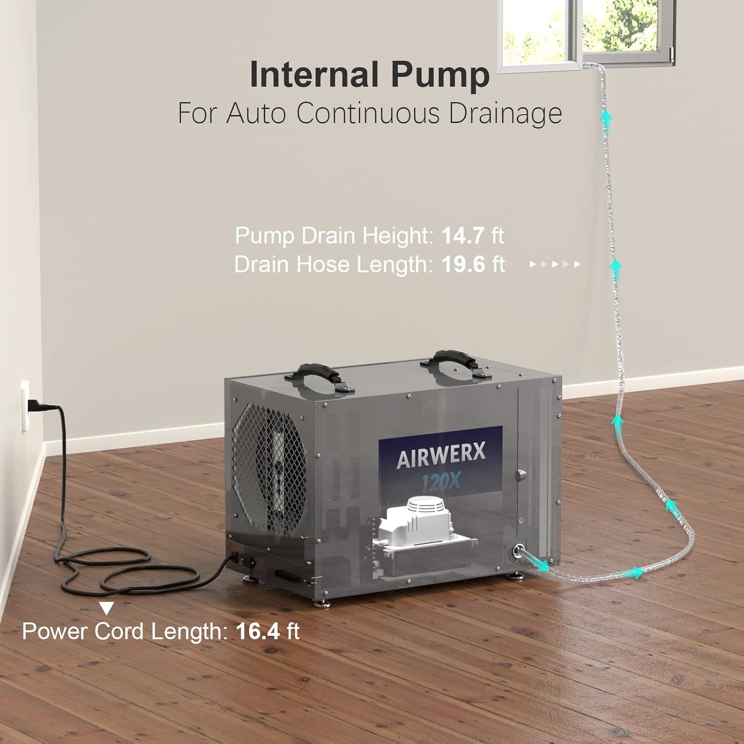 BASEAIRE 235 Pints Crawl Space Commercial Dehumidifier with Pump, AirWerx120X Dehumidifier Whole Homes, Basements, up to 3,300 sq. ft. cETL, Water Damage Storage