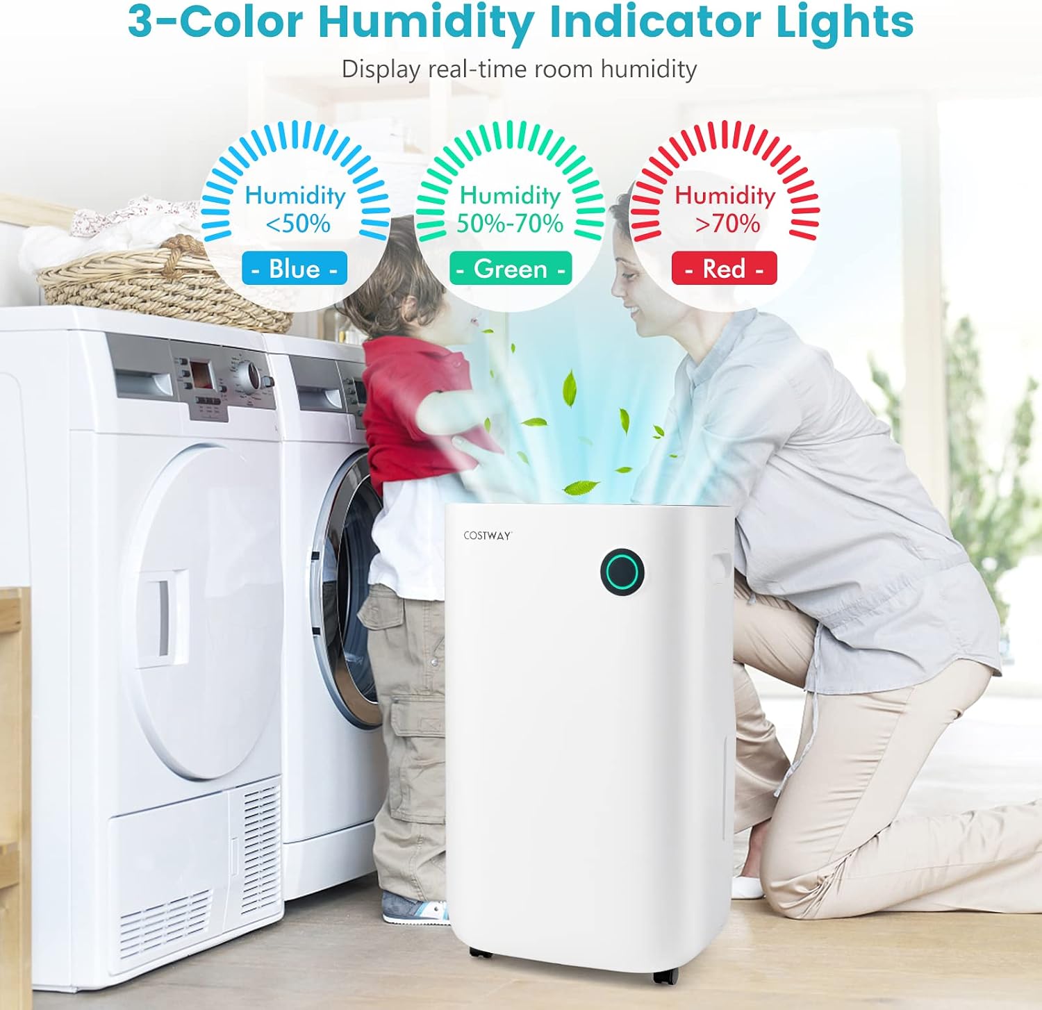 COSTWAY 73 Pint Dehumidifier for Basement, 4500 Sq. Ft Home Dehumidifier with 5 Modes, 3-Color Indicator Light, 1.7 Gallon Water Tank