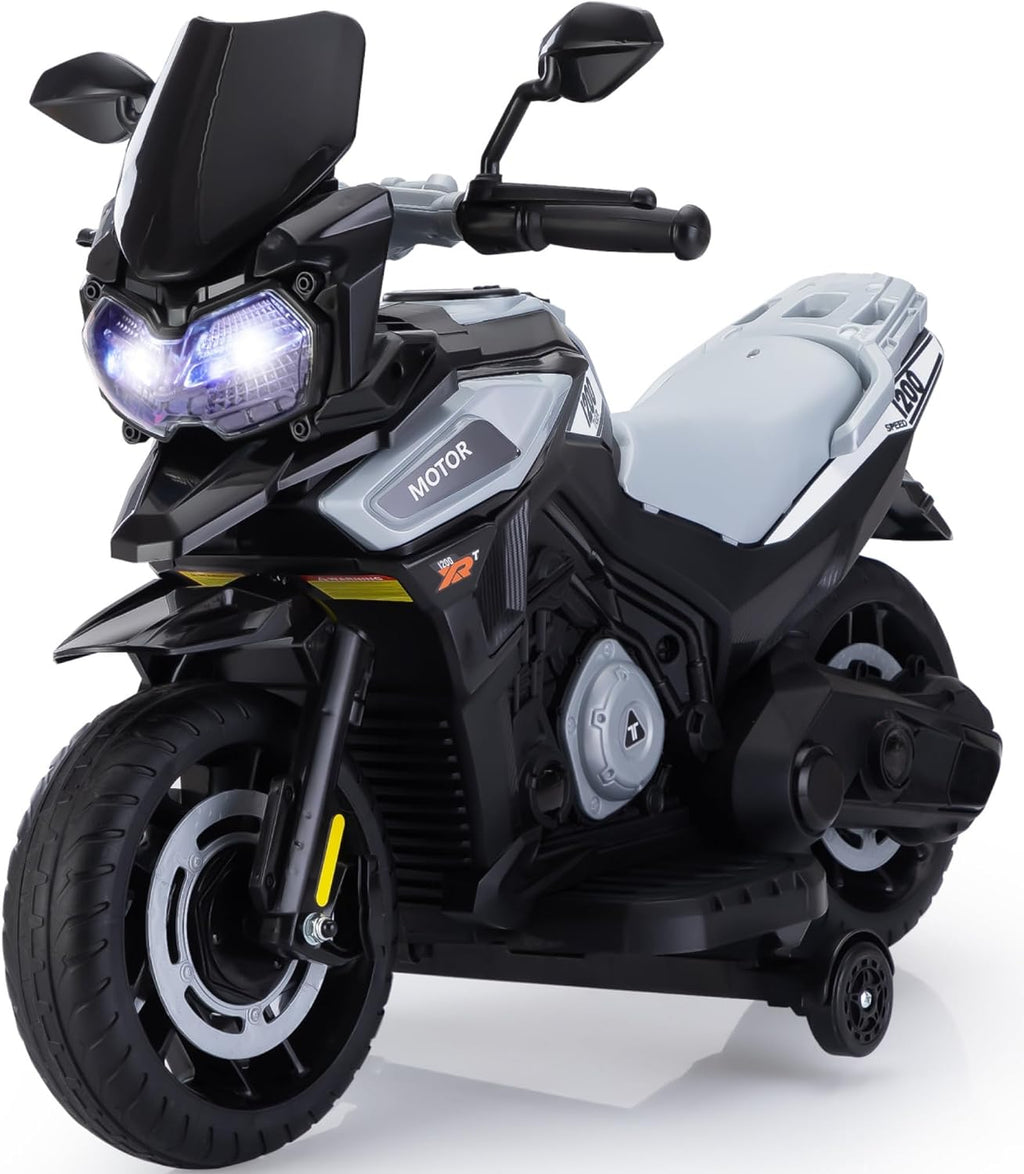 TOBBI 12V Electric Motorcycle for Kids Ride on Toys Toddler Motorbike Battery Powered Off-Road Dirt Bikes w/Music/Headlights/Training Wheels, Gifts for Boys & Girls, Silver