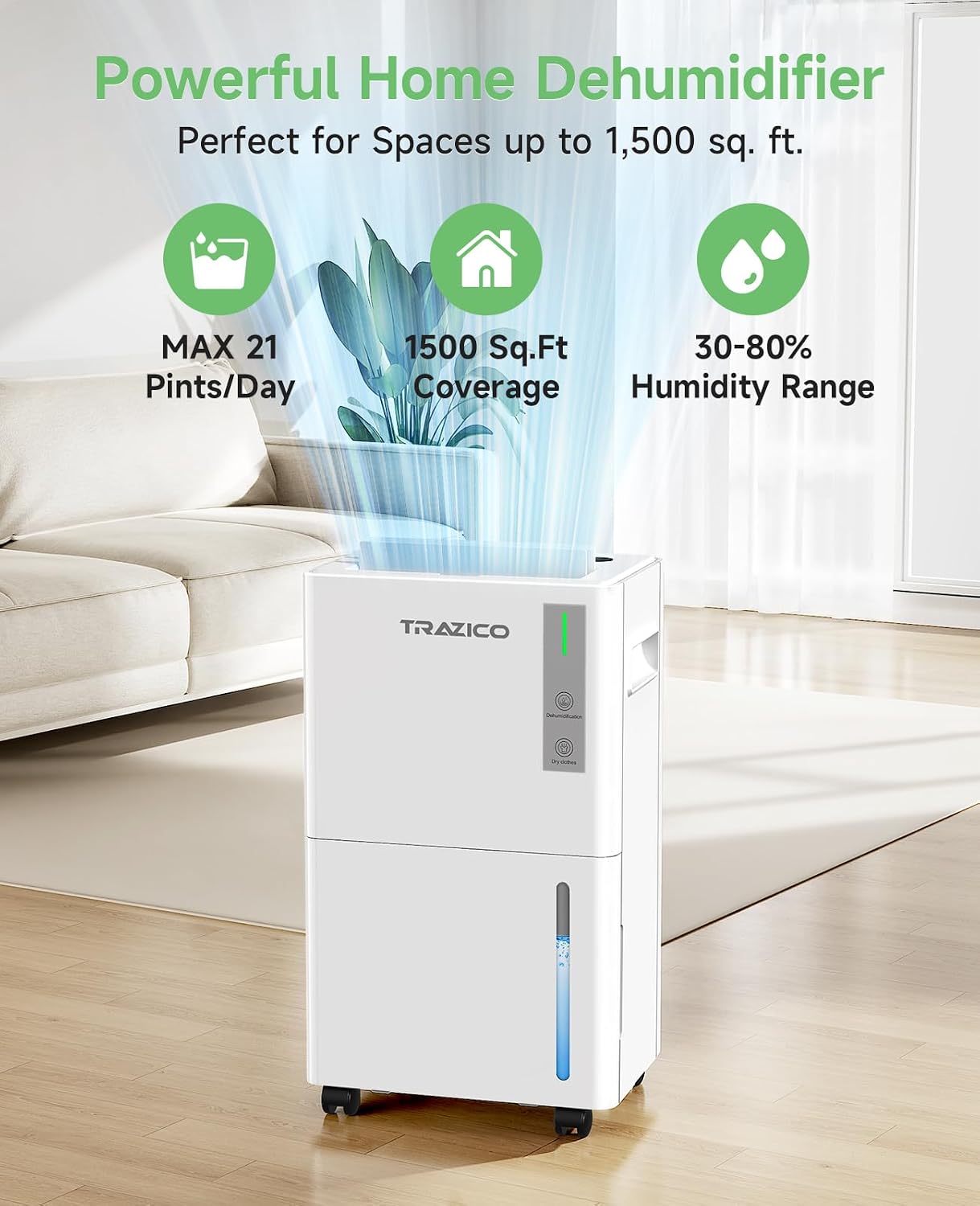 1500 Sq.ft Dehumidifier for Basement, Trazico 21 Pint Quiet Dehumidifiers for Home with Drain Hose, Smart Humidity Control, 3 Modes, 24H Timer, Auto Defrost, for Large Room, Bedroom, and Bathroom