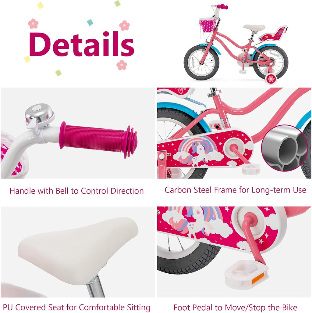 GYMAX Kids Bike, 14/16/18 Inch Kids Bicycle with Removable Training Wheels, Coaster Brake, Handbrake, Basket & Doll Chair, Toddler Girls & Boys Bike for Age 3-9
